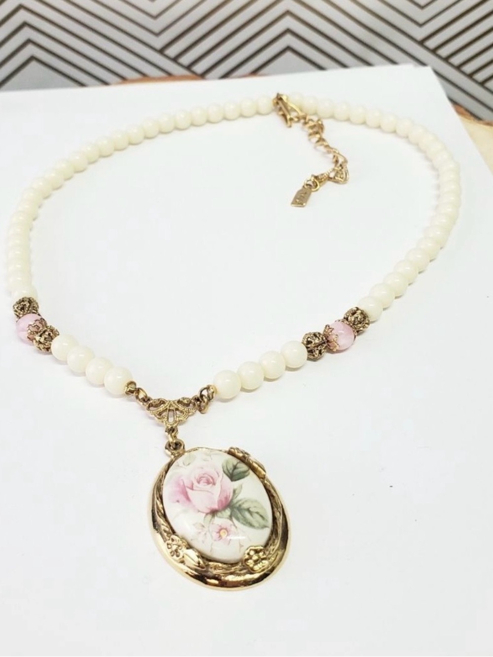 Victorian inspired Locket Style Necklace Signed 1928 Pink Rose Pearl Gold Chain